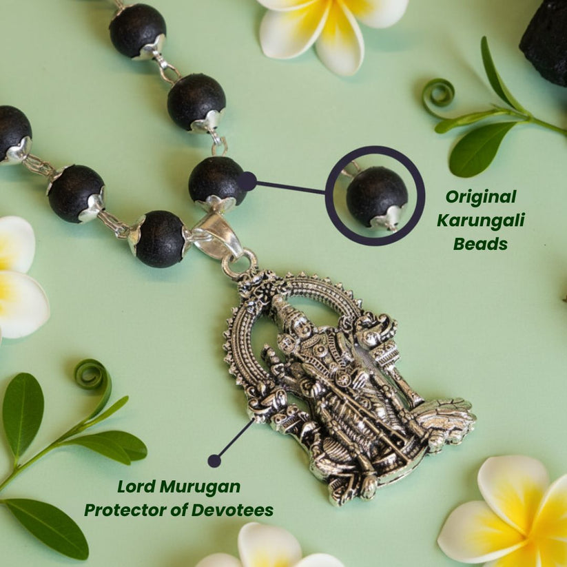 Certified Karungali Malai with Lord Murugan Pendant | Protection, Health & Success