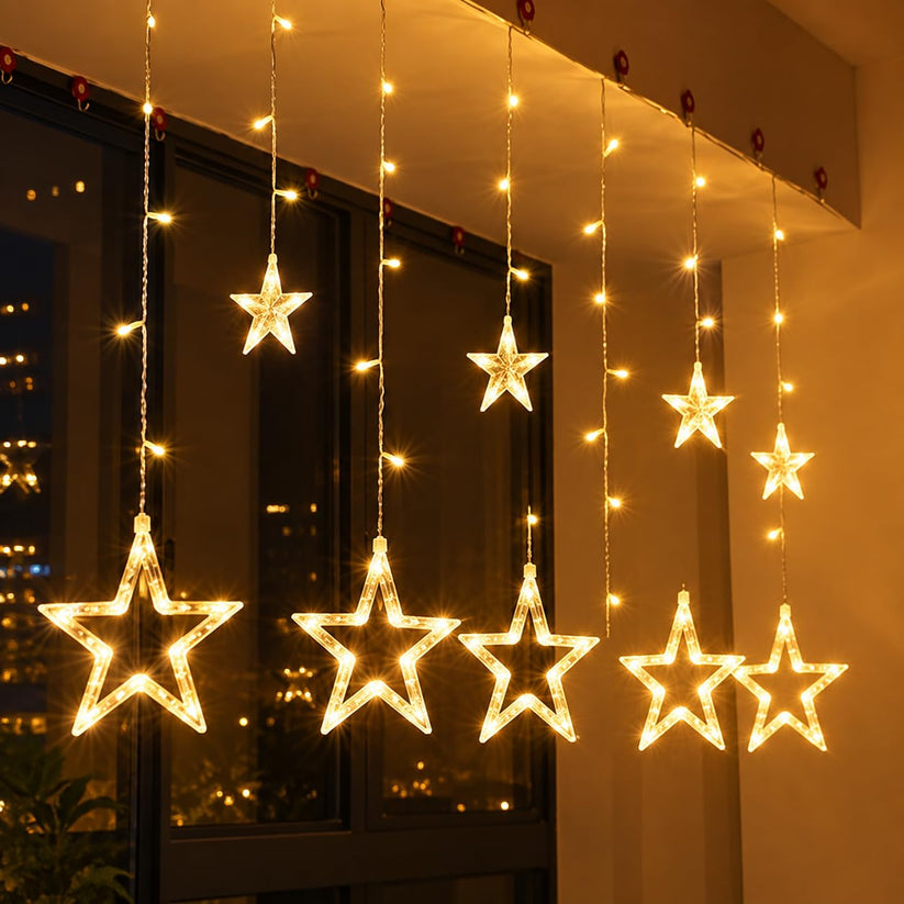 ⭐ 10 Star Curtain LED String Lights – 150 Warm White LEDs