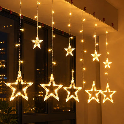 ⭐ 10 Star Curtain LED String Lights – 150 Warm White LEDs