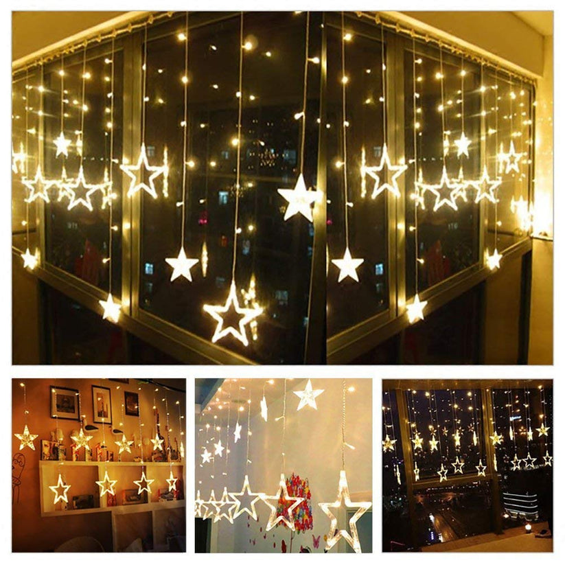 ⭐ 10 Star Curtain LED String Lights – 150 Warm White LEDs