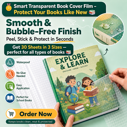 Self-Adhesive Transparent Waterproof Book Cover Film (30 Pcs – 3 Sizes, 10 Each)