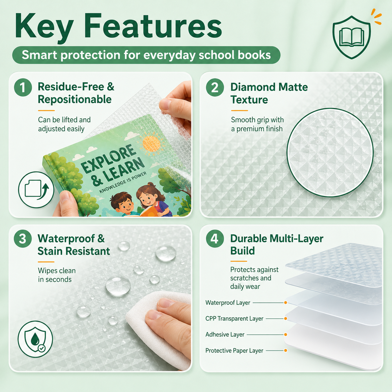 Self-Adhesive Transparent Waterproof Book Cover Film (30 Pcs – 3 Sizes, 10 Each)