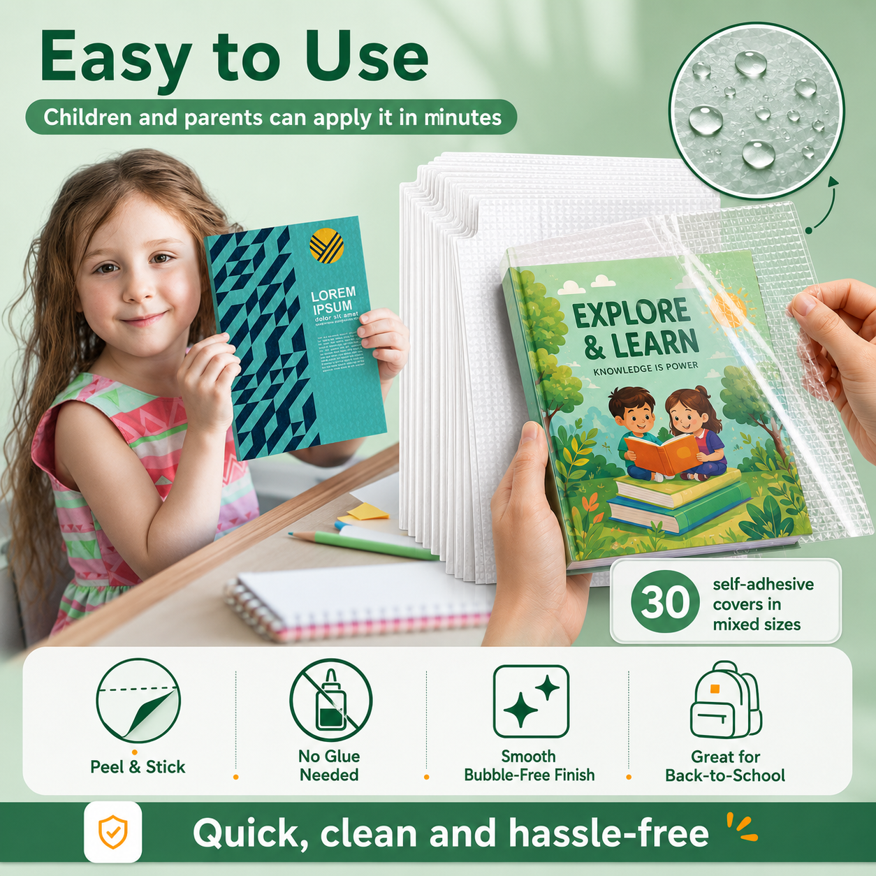 Self-Adhesive Transparent Waterproof Book Cover Film (30 Pcs – 3 Sizes, 10 Each)